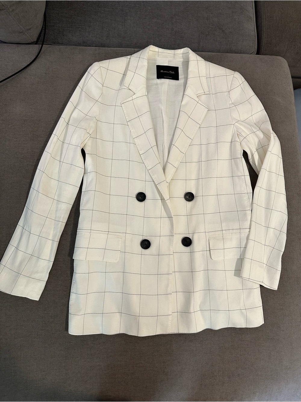 Massimo Dutti White Windowpane Double-Breasted Blazer